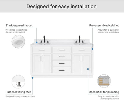 ARIEL Hepburn 66-inch Bathroom Vanity with Sink,Solid Wood, 1.5-inch Carrara White Quartz Countertop & Backsplash, Double Oval Porcelain Sink, 4 Soft Closing Doors, 6 Dovetail Drawers, White