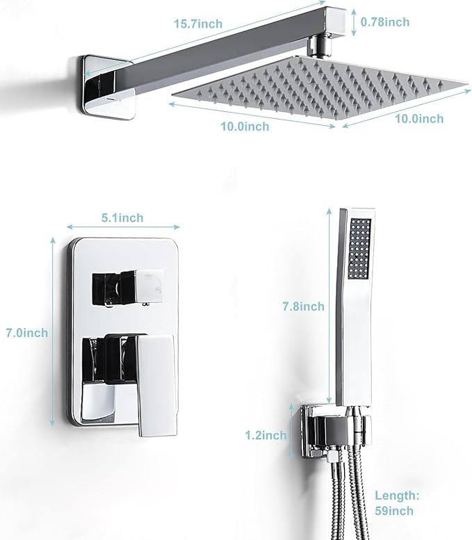 10 Inch Shower Faucet Set, Wall-Mounted Rainfall Shower System with High Pressure Handheld Shower Head, Bathroom Mixer Shower Set Wall Mounted Rough-in Valve and Trim Kit, Polished Chrome