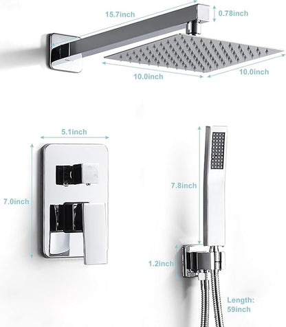 10 Inch Shower Faucet Set, Wall-Mounted Rainfall Shower System with High Pressure Handheld Shower Head, Bathroom Mixer Shower Set Wall Mounted Rough-in Valve and Trim Kit, Polished Chrome