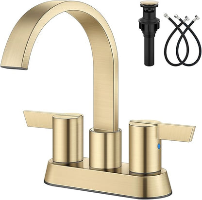 Aolemi Bathroom Faucets for Sink 3 Hole,4 Inch Centerset Waterfall Faucet 2 Handle for Bathroom Sink with Pop-Up Drain and Supply Lines Brushed Gold
