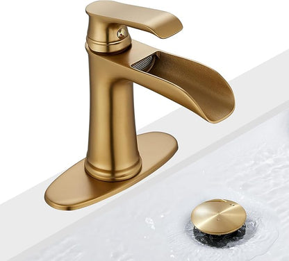 Brushed Gold Bathroom Sink Faucet, Sanliv Single Handle Waterfall Bathroom Faucet with Pop-Up Drain & Deck Plate for 1 or 3-Hole (4 inch) Modern Brass Vanity Faucets, Champagne Bronze