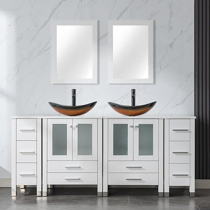 LUCKWIND 72" Double 24-in Bathroom Vanity with Sink Combo, Elegant Series with Two 12.6-in Side Cabinets, Painted Frame, Including Brown Boat Sinks, Faucets Without Mirrors, White