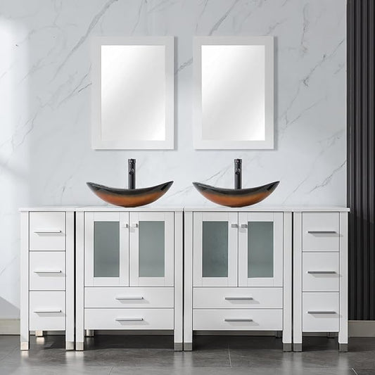 LUCKWIND 72" Double 24-in Bathroom Vanity with Sink Combo, Elegant Series with Two 12.6-in Side Cabinets, Painted Frame, Including Brown Boat Sinks, Faucets Without Mirrors, White