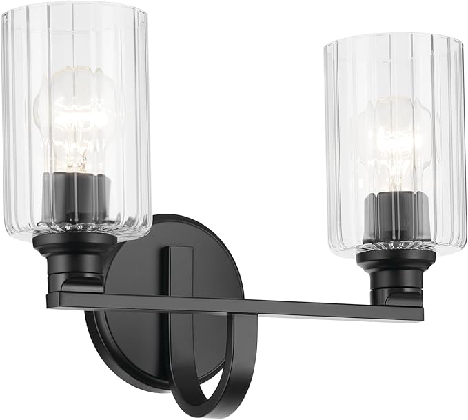 Kichler Gioe 14.25" 2-Light Vanity Light with Clear Fluted Glass in Black, Damp Rated, for Bathroom, Powder Room, Over a Mirror, (14.25" W x 10.5" H), 55225BKFLU