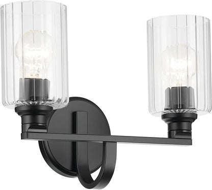 Kichler Gioe 14.25" 2-Light Vanity Light with Clear Fluted Glass in Black, Damp Rated, for Bathroom, Powder Room, Over a Mirror, (14.25" W x 10.5" H), 55225BKFLU