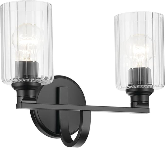 Kichler Gioe 14.25" 2-Light Vanity Light with Clear Fluted Glass in Black, Damp Rated, for Bathroom, Powder Room, Over a Mirror, (14.25" W x 10.5" H), 55225BKFLU