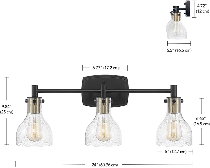 GLOBE Electric 63000062 5-Piece All-in-One Bathroom Set, Matte Black & Brass, 3-Light Vanity Light, Seeded Glass, Towel Bar, Toilet Paper Holder, Towel Ring, Robe Hook, Bathroom Lights Over Mirror