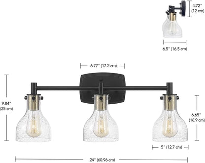 GLOBE Electric 63000062 5-Piece All-in-One Bathroom Set, Matte Black & Brass, 3-Light Vanity Light, Seeded Glass, Towel Bar, Toilet Paper Holder, Towel Ring, Robe Hook, Bathroom Lights Over Mirror