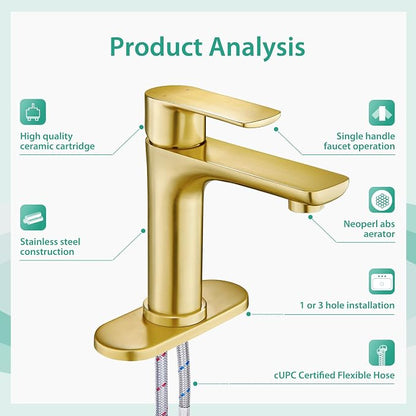 Faustina Light Gold Single Handle Bathroom Faucet, 304 Stainless Steel Vanity Faucet with Pop-Up Drain and Deck Plate for 1 or 3 Hole Sinks
