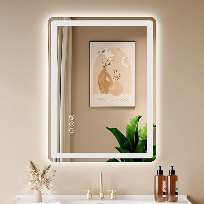 24x32 LED Lighted Bathroom Mirror for Vanity | Front Lights and Backlit, Rounded-Corner Rectangle, 3 Colors, Dimmable, Anti-Fog, Memory, Tempered Glass, UL