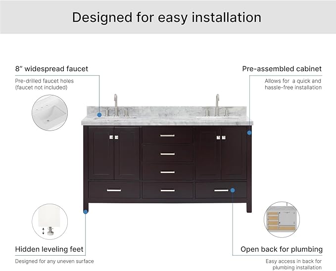 ARIEL Cambridge 66-inch Bathroom Vanity with Sink,Solid Wood, 1.5-inch Italian Carrara Marble Countertop, Double Rectangular Porcelain Sink, 4 Soft Closing Doors, 6 Dovetail Drawers, Espresso