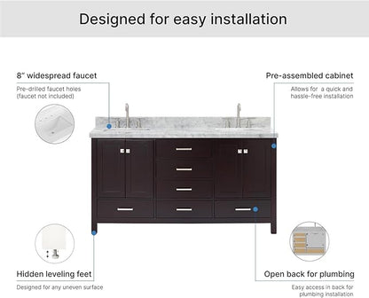 ARIEL Cambridge 66-inch Bathroom Vanity with Sink,Solid Wood, 1.5-inch Italian Carrara Marble Countertop, Double Rectangular Porcelain Sink, 4 Soft Closing Doors, 6 Dovetail Drawers, Espresso