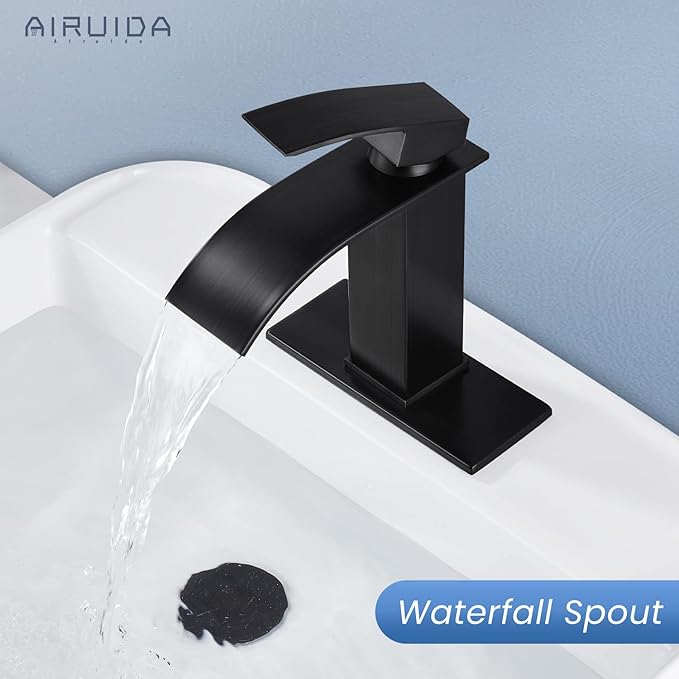 Airuida Oil Rubbed Bronze Single Handle Bathroom Sink Faucet Single Hole Waterfall Bathroom Faucet 1 or 3 Hole Basin Mixer Tap, Rv Lavatory Vanity Faucet with Deck Plate and Supply Lines