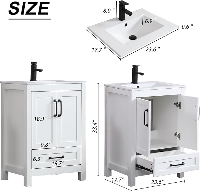 LUCKWIND 24" Bathroom Vanity and Sink Combos, Modern Bathroom Storage Painted Cabinet with Undercounter Ceramic Single Sink Top, Matte Black Faucet and Drawer, Mirror Not Included, White