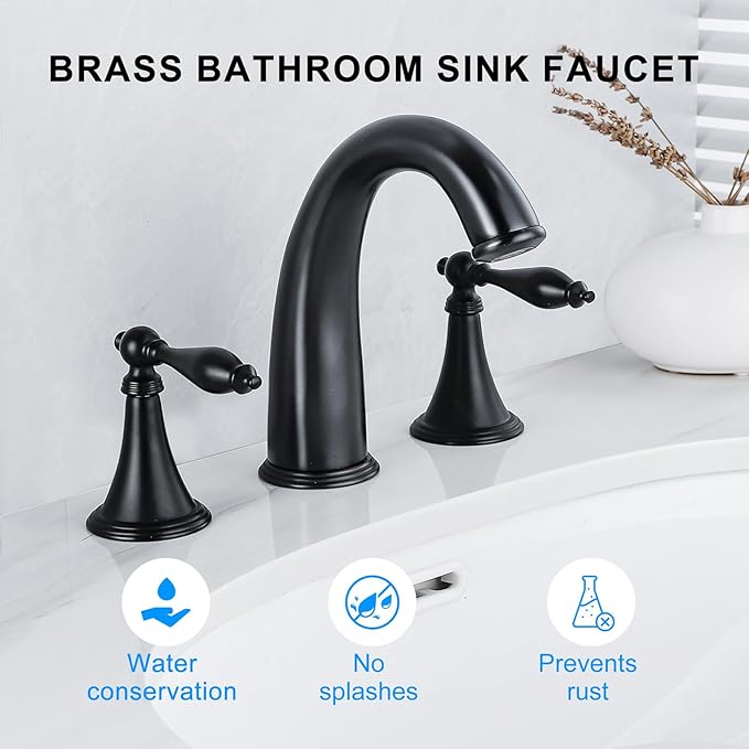 SaniteModar Matte Black Bathroom Sink Faucet,Brass Bathroom Faucet 3 Hole,Widespread Bathroom Faucet for Sink 3 Hole,2 Handles Design with Water Supply Lines