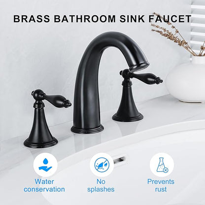 SaniteModar Matte Black Bathroom Sink Faucet,Brass Bathroom Faucet 3 Hole,Widespread Bathroom Faucet for Sink 3 Hole,2 Handles Design with Water Supply Lines