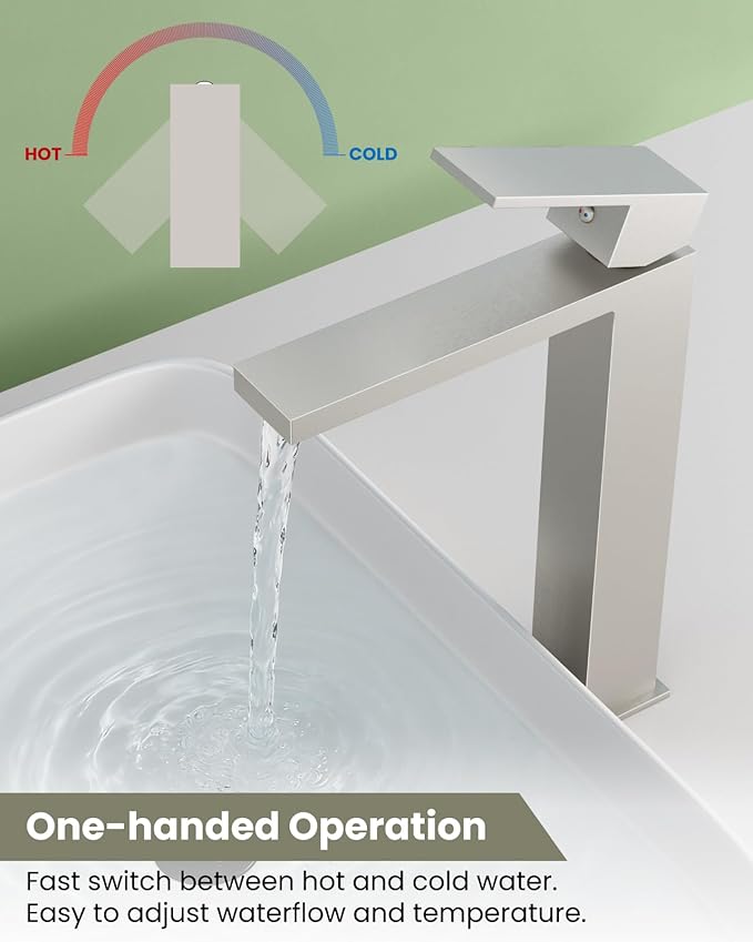 gotonovo Vessel Sink Faucet Single Handle Tall Bathroom Faucet One Hole Modern Lavatory Vanity Basin Mixer Tap Matching Supply Hoses and Pop up Drain Without Overflow, Brushed Nickel