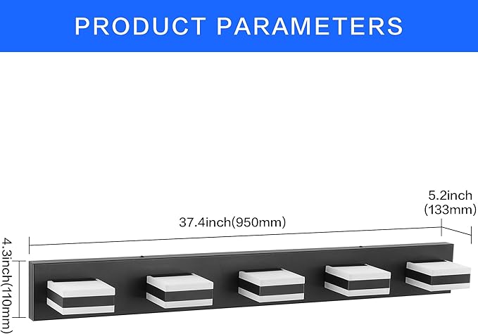 SOLFART Dimmable LED Vanity Lights for Bathroom, Modern Black Bathroom Vanity Lights Over Mirror, 5 Lights Bath Lighting Cool Light 6000K