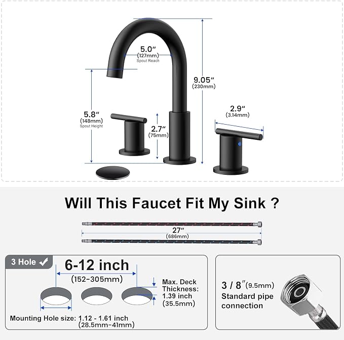 Bathroom Faucet 8 Inch, Matte Black 2 Handle Widespread Sink Faucet | Widespread faucet with 360° rotating spout, double handles and pop-up drain for bathroom vanity and sink upgrades.