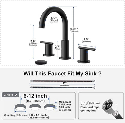 Bathroom Faucet 8 Inch, Matte Black 2 Handle Widespread Sink Faucet | Widespread faucet with 360° rotating spout, double handles and pop-up drain for bathroom vanity and sink upgrades.