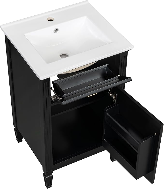 GDFStudio Hawthorne 20" Modern Bathroom Vanity with Sink, Freestanding Bathroom Vanity Organizer with Tilt Out Drawer, Adjustable Shelf and Solid Wood Legs, Single Sink Bathroom Vanity, Black