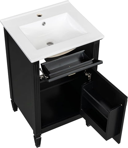 GDFStudio Hawthorne 20" Modern Bathroom Vanity with Sink, Freestanding Bathroom Vanity Organizer with Tilt Out Drawer, Adjustable Shelf and Solid Wood Legs, Single Sink Bathroom Vanity, Black