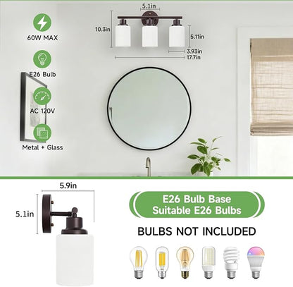 3-Light Bathroom Light Fixtures, Vanity Lights for Mirror with Textured Milky White Glass Shade, Modern Kitchen Light Fixtures Wall Sconce Light - E26 Base - Oil-Rubbed Bronze