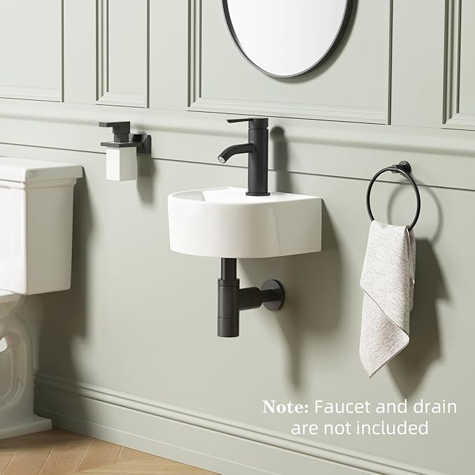 Wall Hung Bathroom Vessel Sink, QISHKA 12.5" X 11.5" Semi-Oval Floating Ceramic Wash Hand Basin White Wall Mount Vanity Sink for Small Bathroom and Small Cloakroom