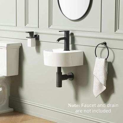 Wall Hung Bathroom Vessel Sink, QISHKA 12.5" X 11.5" Semi-Oval Floating Ceramic Wash Hand Basin White Wall Mount Vanity Sink for Small Bathroom and Small Cloakroom
