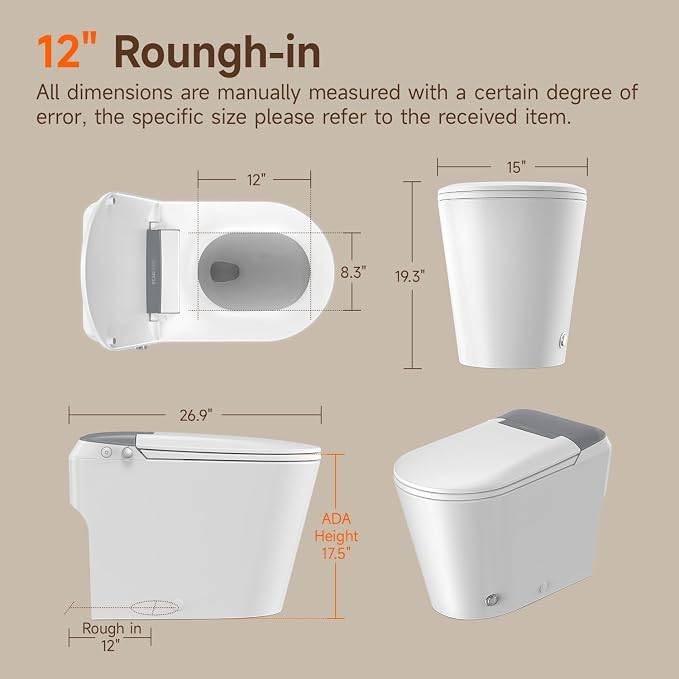 Non-Electric Bidet Toilet, One Piece Elongated Smart Toilet with Air Pressure-Assisted Flush, ADA Comfort Height, Foot Kick & Side Button Flush, 1.0 GPF, 12" Rough-In