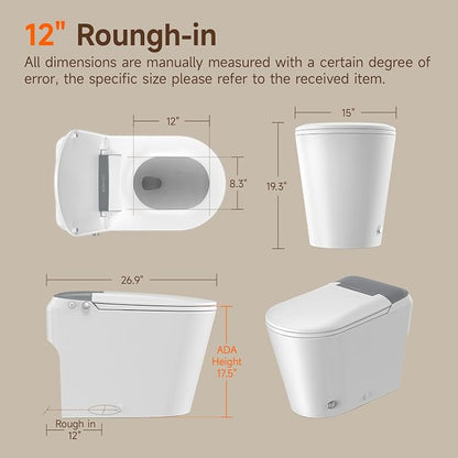 Non-Electric Bidet Toilet, One Piece Elongated Smart Toilet with Air Pressure-Assisted Flush, ADA Comfort Height, Foot Kick & Side Button Flush, 1.0 GPF, 12" Rough-In