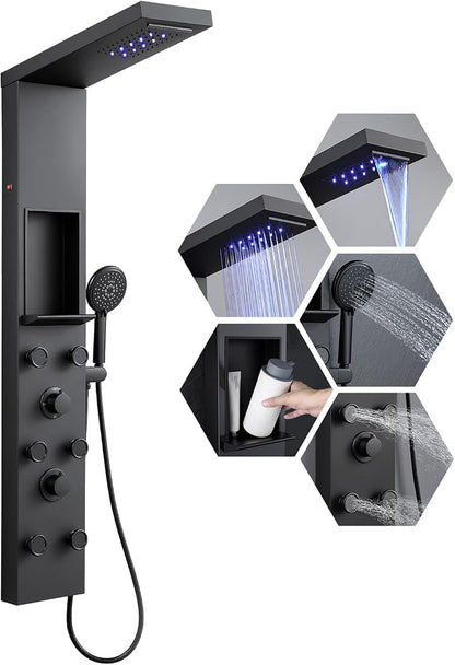 ROVATE LED Shower Panel Tower with Shelf & 6 Adjustable Jets, Matte Black | Stainless Steel Rainfall Waterfall Shower Column with 6 Angle Adjustable Body Massage Jets, Self-Cleaning 5-Setting Handheld