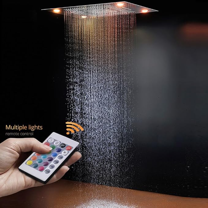 Cascada Classic Design 23”x31” large recessed LED rain shower head w/3 modes (Rain+ Water Curtain + Waterfall)(NON Music, Brushed Nickel)
