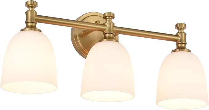 Gold Bathroom Vanity Light, 3-Light Bathroom Light Fixtures Over Mirror, Traditional Vanity Lights for Living Room, Milk White Bell Glass Shades, Standard E26 Base, Aged Brass