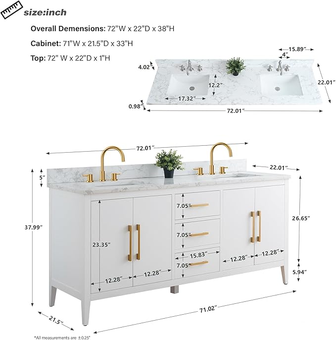 HomeBeyond 72 Inch Bathroom Vanity with Sink & Ceramic Top, Double Vanity Cabinet with Basin, Soft-Closing Doors & Matte Black Hardware, White