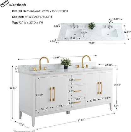 HomeBeyond 72 Inch Bathroom Vanity with Sink & Ceramic Top, Double Vanity Cabinet with Basin, Soft-Closing Doors & Matte Black Hardware, White