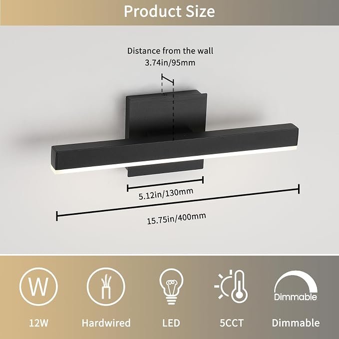 Joossnwell Black Bathroom Vanity Light Fixtures, LED Bathroom Lighting Bar | ETL Certificated, Dimmable 5CCT, Modern Vanity Lighting, Bath Lights Fixture Over Mirror 15.75 Inch 12W