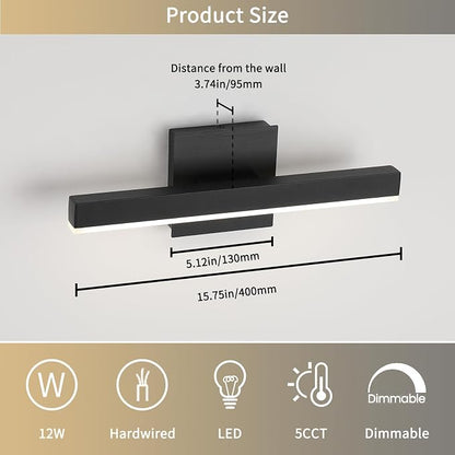 Joossnwell Black Bathroom Vanity Light Fixtures, LED Bathroom Lighting Bar | ETL Certificated, Dimmable 5CCT, Modern Vanity Lighting, Bath Lights Fixture Over Mirror 15.75 Inch 12W