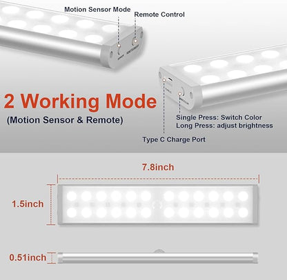 Under Cabinet Lights, Rechargeable Motion Sensor Light, 6 Pcs | 15 Colors, 58-LED Wireless Cabinet Lighting, Dimmable LED Closet Lights, Timer, Indoor Night Lights