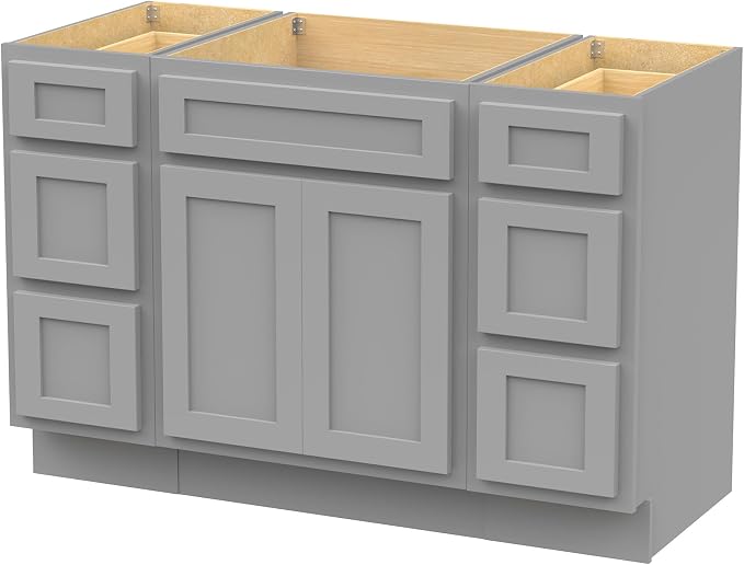 48 Inch Bathroom Vanity Base Only, Single Vanity Cabinet with 5 Dove-Tailed Drawers, Soft-Closing Doors, Gray, Without Top,Small