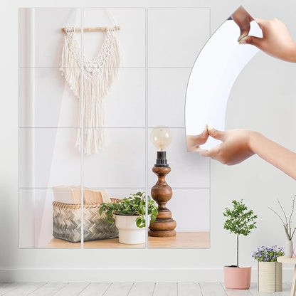 18Pack Self Adhesive Acrylic Mirrors, 8 x 8 Inch Mirror Tiles Decor | JUNEBRUSHS Frameless Over Door Mirrors, Sheets Wall Stickers for Wall Mounted Make Up Gym Dressing