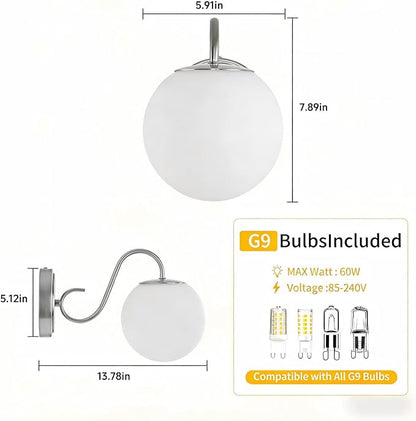 2-Pack Wall Sconce for Bathroom, Vintage Brushed Nickel Vanity Lights, Wall Mount Light Fixtures With Milk Glass Globe Shade, Indoor Wall Lights Fixture for Bedroom Living Room Mirror Hallway(G9 Incl)