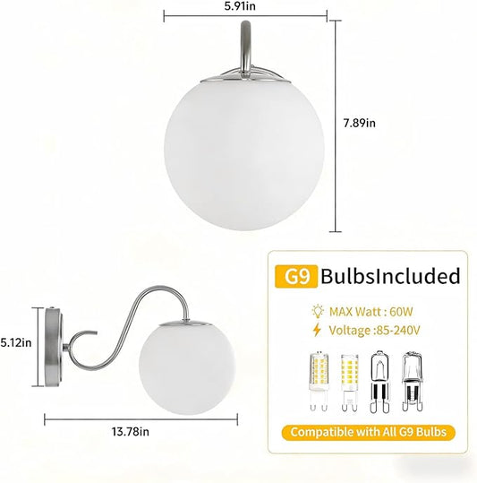 2-Pack Wall Sconce for Bathroom, Vintage Brushed Nickel Vanity Lights, Wall Mount Light Fixtures With Milk Glass Globe Shade, Indoor Wall Lights Fixture for Bedroom Living Room Mirror Hallway(G9 Incl)