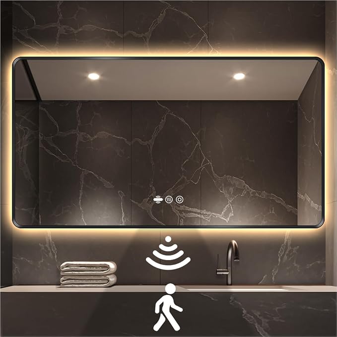 60" x 36" Black LED Bathroom Mirror with Lights - Motion Sensor | Smart Backlit Mirror Bathroom, Metal Framed, Anti-Fog, 3-Color Stepless Dimmable Lighted Mirror, Memory Function, CRI≥93