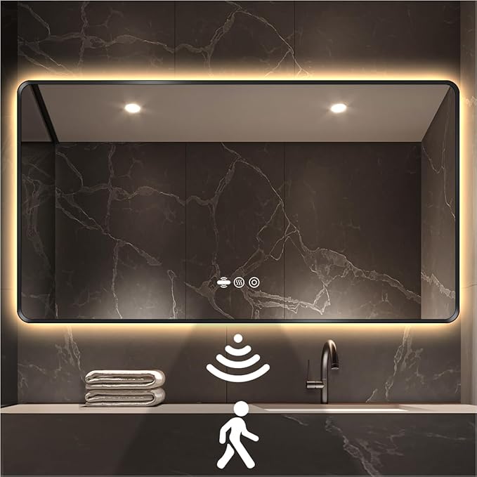 42" x 36" Black LED Bathroom Mirror with Lights - Motion Sensor | Smart Backlit Mirror Bathroom, Anti-Fog, 3-Color Stepless Dimmable, Memory Function, Metal Framed Rounded-Corner Rectangle