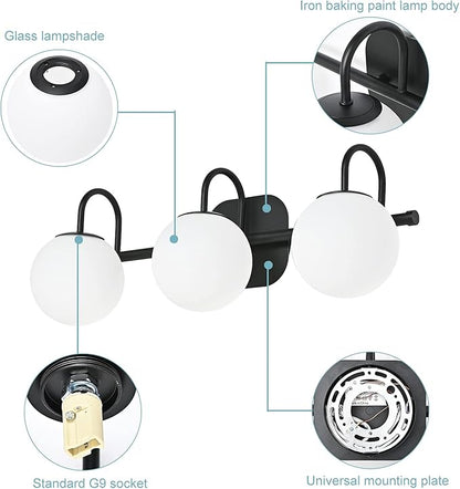 Modern Black Bathroom Vanity Light Fixtures 3 Lights Frame and Milk White Glass Globe Shade Modern Wall Sconce Lighting Bath Vanity Lights Bar Over Mirror (Exclude G9 Bulb)