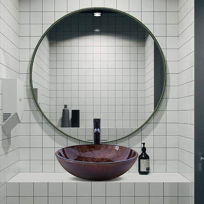 Bathroom Vessel Sink 16.5" Vessel Sinks Tempered Glass Brown Art Basin Round Bowl with Faucet Combo Brown,Countertop Bowl Sink for Lavatory Vanity Cabinet