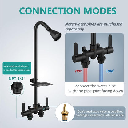 Aolemi Outdoor Shower Kit, Downward-Facing Inlets, Matte Black | 3-Inch Center Hot And Cold Mixer Valve, Dual Handles, with Soap Dish For Convenient Outdoor Shower Use