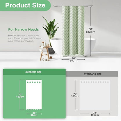 Dynamene Stall Shower Curtain and Liner Set - 36 x 72 inch Half Boho Shower Curtain and Waterproof Clear Liner, Tufted Chevron Striped Tassel Shower Curtains for Bathroom, 6 Hooks, 36x72, Sage Green