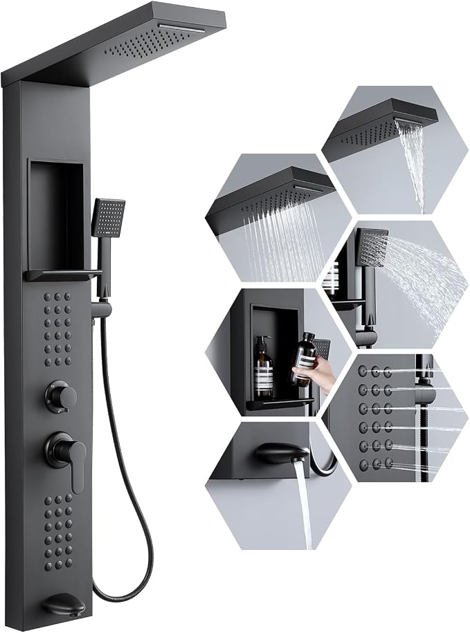 5 in 1 Rainfall Waterfall Shower Panel Tower with Shelf, Matte Black | Stainless Steel Shower Column with Powerful Body Jets, Flexible Handheld Shower and Tub Spout